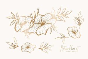 Botanical elegant gold line art illustration of flower leaves branch for wedding invitation and cards, logo design, web, social media and poster, template, advertisement, beauty and cosmetic industry. vector