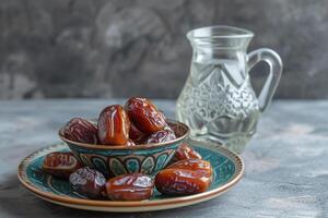 AI generated Date Fruits or Kurma in vintage arabic dish and jug of water at grey concrete background photo