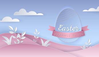 Happy Easter day wallpaper or banner with papercut egg. Beautiful paper cut eastern elements. Vector illustration for sale, product display, easter festival design, presentation, greeting card.