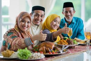 ai generado musulmán familia participación un plato de especial plato foto