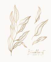 Botanical elegant golden line illustration of a leaves branch for wedding invitation and cards, logo design, web, social media and poster, template, advertisement, beauty and cosmetic industry. vector