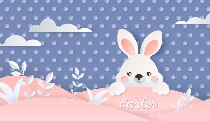 Happy Easter day wallpaper or banner with papercut bunny. Beautiful paper cut eastern elements. Vector illustration for sale, product display, easter festival design, presentation, greeting card.