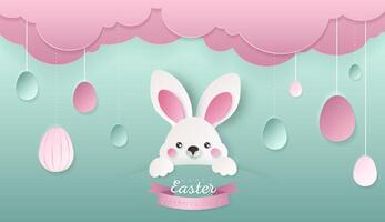 Happy Easter day wallpaper or banner with papercut bunny. Beautiful paper cut eastern elements. Vector illustration for sale, product display, easter festival design, presentation, greeting card.