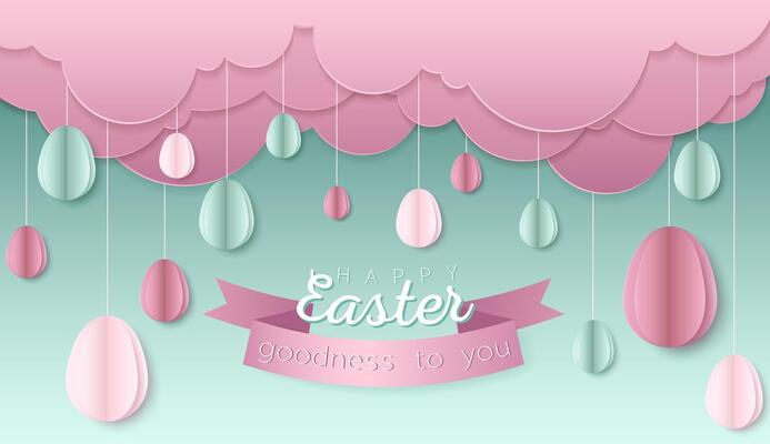 Happy Easter day wallpaper or banner with papercut egg. Beautiful paper cut eastern elements. Vector illustration for sale, product display, easter festival design, presentation, greeting card.