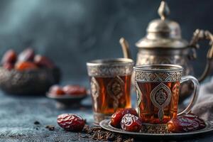 AI generated Traditional arabic tea set and dried dates photo