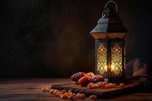 AI generated Lightened lantern and dates fruit on wooden table over dark background photo