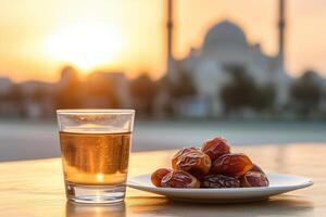 ai generado plato de fechas y vaso de agua en un mesa puesta de sol foto