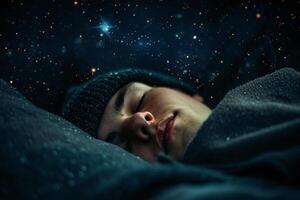 AI generated World day of sleep, night starry sky, inscription, sleeping month in a cap photo