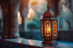 ai generado florido Ramadán linterna y un ornamental marco foto