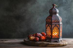 AI generated Lightened lantern and dates fruit on wooden table over dark background photo