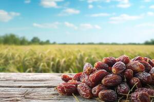 AI generated Dates on wooden table over field and sky background. Festive still life with copy space. Healthy vegan sweet food photo