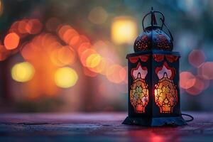 AI generated Eid mubarak and ramadan kareem greetings with islamic lantern and mosque photo