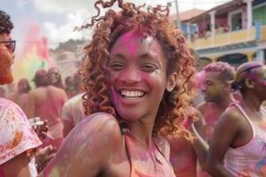 ai generado alegre holi celebracion en trinidad y tobago foto