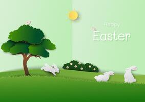 contento Pascua de Resurrección saludo tarjeta con Conejo familia contento en el prados en Brillo Solar día vector