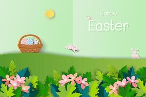 Happy Easter concept ,paper art style with easter eggs on beautiful garden vector