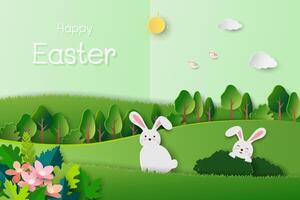 Happy Easter greeting card with cute rabbits in the garden on paper cut and craft style vector