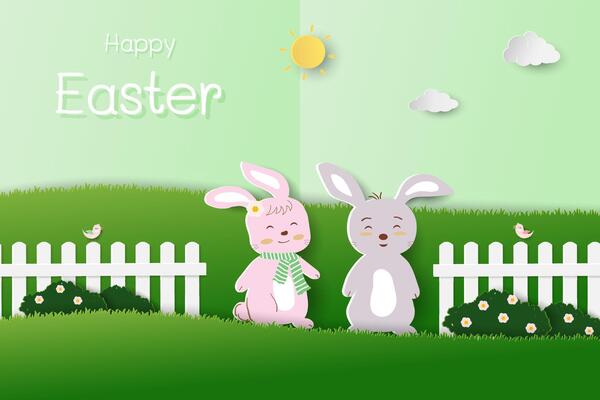 Happy Easter concept,Paper cut and craft style with cute rabbits happy in the garden
