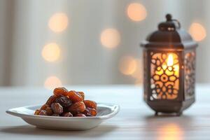 AI generated Dried dates on white plate and lantern with burning candle on white wooden table, bokeh light on background photo