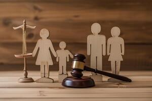 AI generated Family figure and judge gavel on wooden table. Family law concept photo