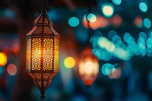AI generated Decorative lanterns light up at night. Muslim holiday Ramadan Kareem festive blurred background photo