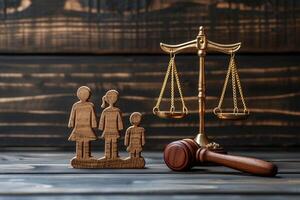 AI generated Family figures with judge's gavel and justice scales on dark wooden background photo