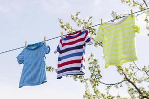 T-shirts hanging on clothing line in front of blooming apple trees in the garden photo