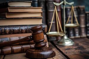 AI generated law and justice is represented by a mallet gavel of the judge, scales of justice, and books photo