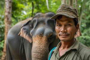 ai generado un cuidador de elefantes y su asiático elefante, asiático elefante, tailandia, mundo fauna silvestre día foto