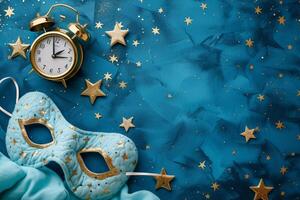 AI generated Sleeping Masks, Golden Stars and Alarm Clock on Blue Background photo