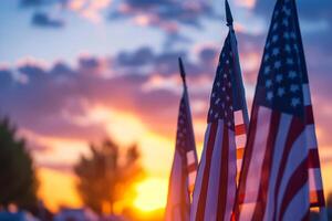 AI generated American flags with Text Veterans Day Honoring All Who Served on sunset background photo