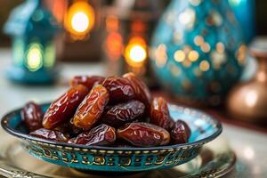 ai generado un plato de fechas y Arábica linternas iftar y sahur Ramadán foto