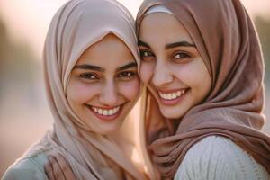 AI generated Muslim women smile and embrace each other photo