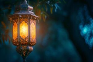 AI generated Ramadan lantern wide banner background photo