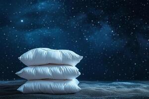 AI generated Pyramid stack of soft Pillow on star night background. Concept of good healthy sleep, sweet dreams and hypnotic pills photo