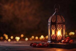 AI generated Lightened lantern and dates fruit on wooden table over dark background photo