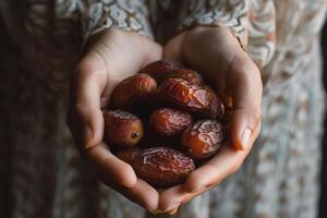 AI generated Hands holding dates fruit food to break fast photo