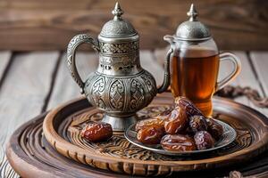 AI generated Traditional arabic tea set and dried dates photo