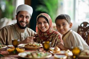 AI generated Happy smiling indian Muslim couple with kid by looking at camera during Ramadan dinner fast at home photo