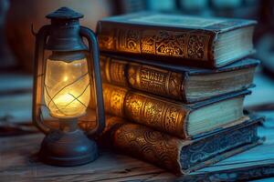 AI generated Old books and ancient lamp show the concept of spirituality photo