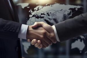 AI Generated Global Business Handshake with World Map photo