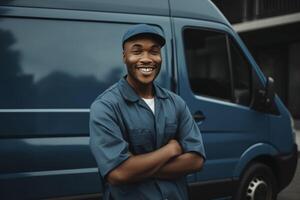 AI Generated Smiling delivery man in blue uniform standing in front of a blue van. photo