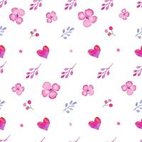 Seamless watercolor pattern with pink hearts, flowers.. Hand drawn floral illustration. Vector EPS.