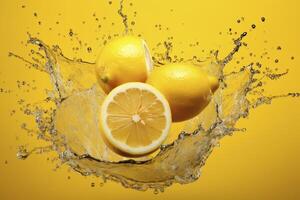 AI Generated Lemons with water splash on yellow background photo