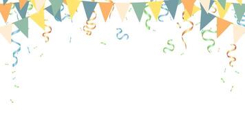 Colorful party celebration holiday flag, confetti and ribbon banner frame background vector
