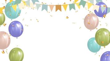 Party time flag bunting garland, confetti and balloon colorful pastel. celebration festival holiday vector