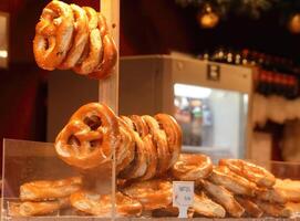 Fresh baked pretzels at the Christmas market photo