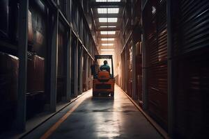 AI generated Warehouse man worker with forklift. Neural network AI generated photo