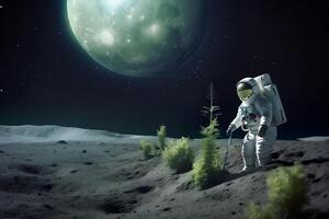 AI generated Astronaut planting a tree on the moon or mars. Neural network AI generated photo