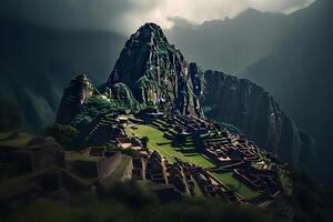 AI generated Machu Picchu, a Peruvian Historical Sanctuary. Neural network AI generated photo