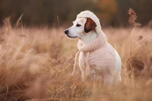 AI generated Funny dog Jack Russell Terrier sitting in the leaves in the park on a fall day. Neural network AI generated photo